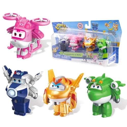 Super Wings Transform-a-Bots 4 Pack with S5 Paul Dizzy & Golden Boy & Mira, Rosa, Gelb, Blau, Grün