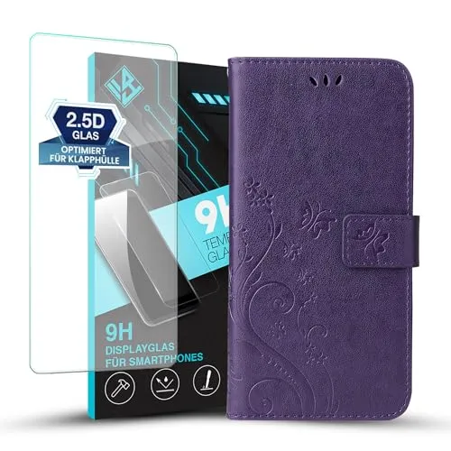 LBH Handy Hülle für Motorola Moto E32 Case mit 9H Displayglas Handytasche Schmetterling Blumen Flower Standfunktion Schutzhülle Magnet Rundum Schutz 360 Grad Flipcase Violett