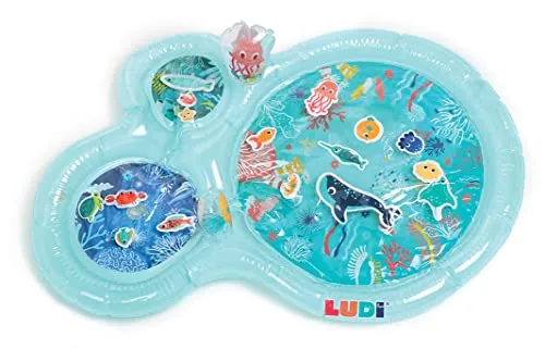 LUDI Water Play Mat - Turquoise - Wasser Spielmatte für Babys, fördert motorische Fähigkeiten und Sinneswahrnehmung mit beweglichen Unterwasser-Tieren und Geräuschen.