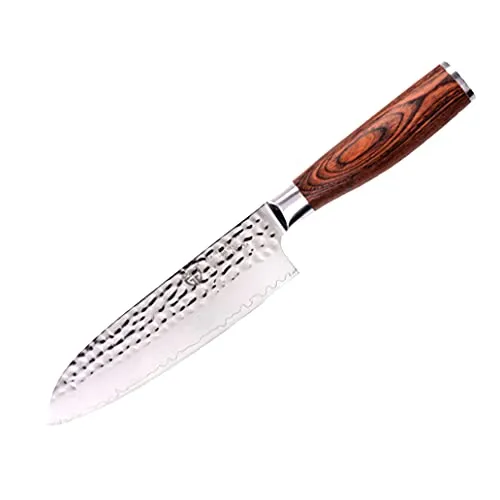 GRÄWE Damaszener Santokumesser Hammerschlag-Klinge - Exklusives Kochmesser mit 67-lagiger Damast-Klinge und Pakkawood-Griff, ideal für präzises Schneiden von Fleisch, Fisch, Gemüse und Obst - das perfekte Allzweckwerkzeug für jede Küche.