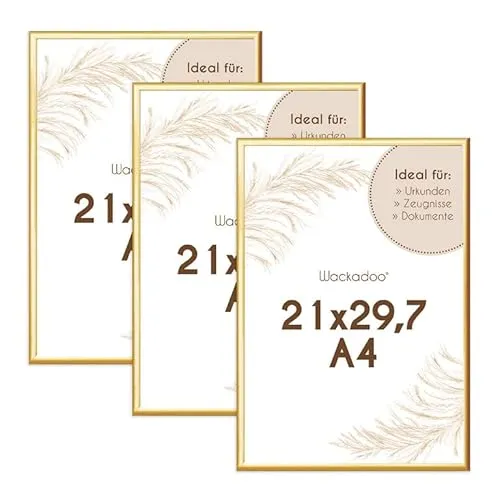 Wackadoo Bilderrahmen A4 21x29.7 (DIN A4) Gold 3er Set Fotowand Fotorahmen aus leichtem Kunststoff mit Glas Picture frame Poster