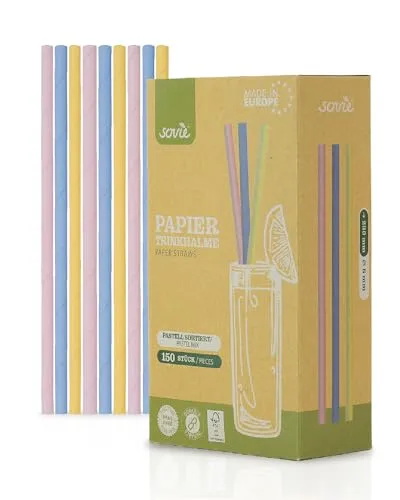 Sovie Strohhalme Papier Pastell - Trinkhalme Plastikfrei - FSC-zertifiziert, Made in Europe, Biologisch Abbaubar - Ø 8mm - 23cm Länge - 150 Stück