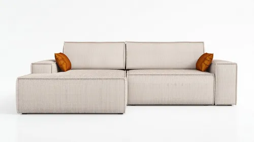 Ecksofa TOR mit Schlaffunktion in Beige - Modernes Design - Das Ecksofa TOR vereint stilvolles Design und Funktionalität. Es lässt sich mühelos in ein bequemes Bett verwandeln und bietet zusätzlichen Stauraum für Textilien. Ideal für jeden Wohnraum!