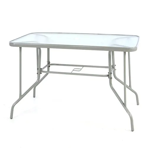 Nexos Bistrotisch eckig grau mit Glasplatte - Esstisch mit Sicherheitsglas und Schirmständerloch, witterungsbeständig und ideal für Balkone; Platz für bis zu 4 Stühle.