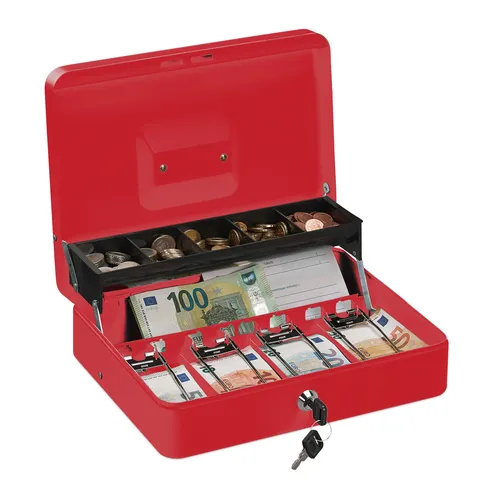 Relaxdays Geldkassette abschließbar, rot - Geldkassette aus robustem Eisen mit Schloss für sichere Bargeldaufbewahrung - ideal für Veranstaltungen, mit 5 Münz- und 4 Scheinfächern für Ordnung.