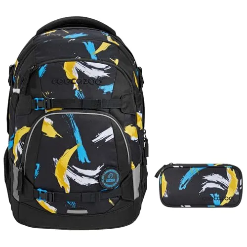 coocazoo MATE Schulrucksack-Set 2tlg inkl. Schlamperbox (Crazy Artnight) - Schulranzen-Set mit 30 Litern Stauraum, ergonomischem Tragekomfort und individualisierbaren Klett-Patches für einen coolen Look. Sicherheit durch LED-Lichtbefestigung und Reflektoren.