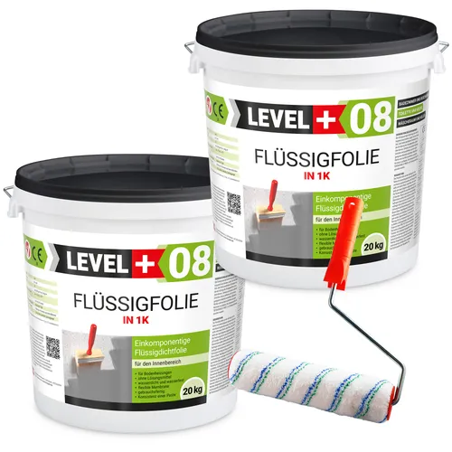 Level+ Dichtstoff Flüssigfolie 40kg mit Farbroller - Spachtelmassen: Hochwertige 1K Flüssigfolie für wasserdichte Beschichtungen, ideal für Innenräume. Inklusive Mikrofaser Farbroller für ein gleichmäßiges Finish.