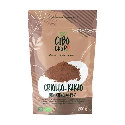 Bio Kakao Pulver 200g - Rohkakao aus Premium Criollo Bohnen - Kakao & Heiße Schokolade - 100% rein, vegan und bio-zertifiziert, ideal für süße und herzhafte Rezepte, in praktischer wiederverschließbarer Verpackung.