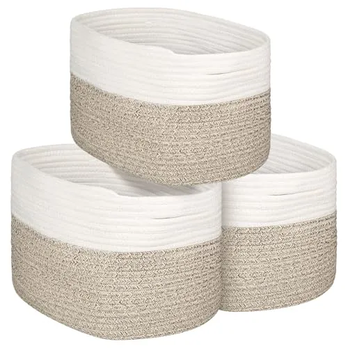 Aevcvok 3er Set Aufbewahrungskorb,Korb aus Baumwollseil,Aufbewahrungskorb aus Baumwolle,Spielzeugkorb Organizer Körbe Kinder,Kleiner Wäschekörbe,Regalkörbe für Bad,Wohnzimmer,36x25x22cm,Mix&Weiß