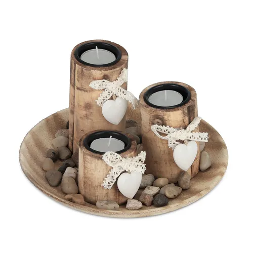 Teelichthalter Kerzenständer Set Kerzen Deko Schale rund natur Deko Tablett