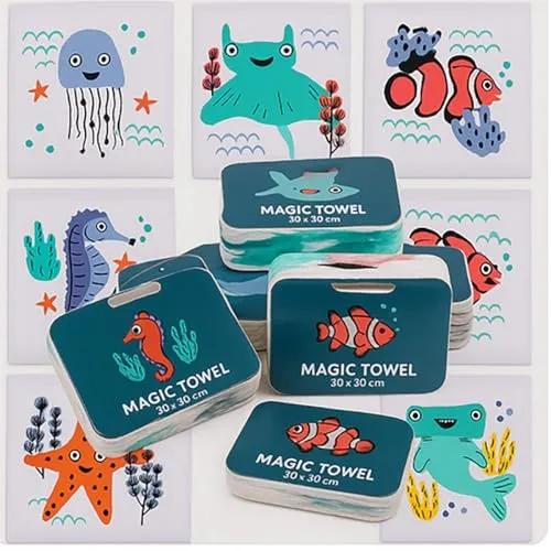 KAMACA 6 er Set Magische Handtücher Baumwolle Zaubertuch für Kinder Zauberhandtuch Mitgebsel Geschenkidee Kindergeburtstag Geschenk Reisen (6er Set Meerestiere)