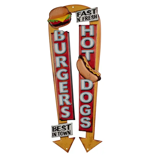 Blechschild 18 x 50 cm Burger Hot Dog Fast Food Grill Pfeil BBQ Retro Vintage