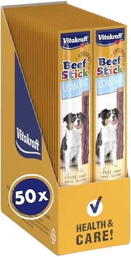 Vitakraft Beef Stick Low Fat - 50 x 12g - Katzenfutter mit 20% weniger Fett, ideal für Hunde mit Gewichtsproblemen. Unterstützt die Fettverbrennung mit L-Carnitin und bietet hochwertige Proteine aus magerem Putenfleisch.