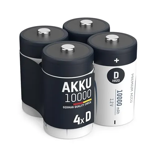 ANSMANN Akku Mono D 9300 mAh, wiederaufladbar, 4 Stück - Akkus für vielseitige Anwendungen wie Spielzeug und Taschenlampen, mit max-E Technologie für geringe Selbstentladung und bis zu 1000 Ladezyklen.