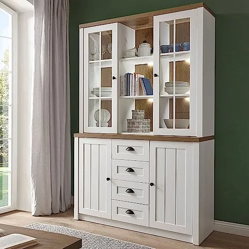 Lomadox Landhaus Buffetschrank Küchenbuffet Vitrinenschrank in Pine weiß mit Eiche hell, inkl. Beleuchtung