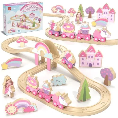Lehoo Castle Holzeisenbahn für Mädchen, Holz Eisenbahn Kinder, Eisenbahn Holz, Einhorn Spielzeug, Spielzeug ab 3 4 5 Jahre Mädchen