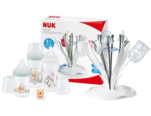 NUK Perfect Match Babyflaschenset Winnie Puuh & MultiDry Trockenständer im praktischen Starterset | 3 Anti-Colic-Babyflaschen & Space-Schnuller | praktisches Trocknen von bis zu 6 Flaschen und Zubehör