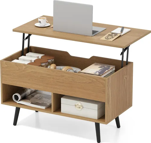 COSTWAY Couchtisch, Sofatisch mit Tischplatte & 2 offenen Regalen, Wohnzimmertisch, Kafeetisch aus Holz, 80 x 40 x 46-60cm, Natur