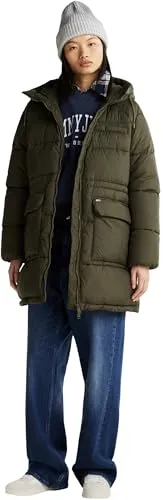 Tommy Jeans Damen Daunenmantel Midi Puffer - Grün (Fatigue Green), M, ikonisches Design mit Kapuze und optimaler Passform für kalte Tage