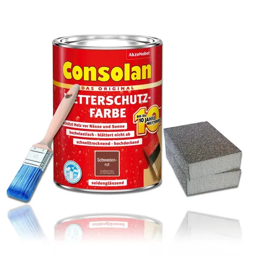Consolan Wetterschutzfarbe 750 ml Schwedenrot Holzschutz Schleifen Pinsel Set