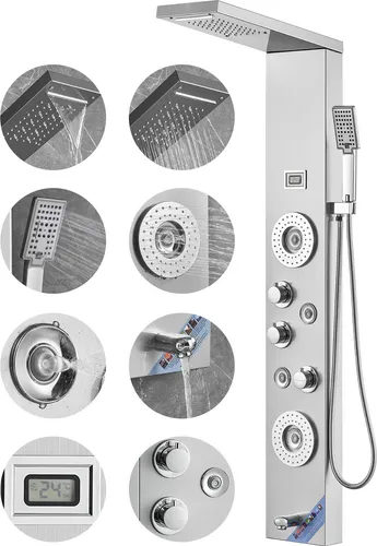 SucceBuy-Duschpaneelsystem, 6 Duschmodi, LED- und Display-Duschpaneelturm, Regenfall, Wasserfall, 4 Körpermassagedüsen, Wannenauslauf, Handbrause, 59-Zoll-Schlauch, wandmontiertes Duschset aus Edelstahl