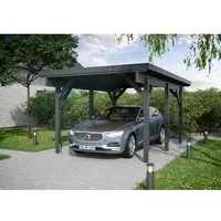 Kiehn-Holz Einzelcarport KH 301 - Robuster Einzelcarport aus nordischer Fichte in Anthrazit, misst 344 cm x 504 cm. Er bietet optimalen Schutz für PKW und Fahrräder mit stabilen 12 cm x 12 cm Pfosten und witterungsbeständiger Dachkonstruktion.