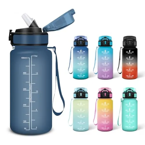 Motswedi Trinkflasche, 0.5L BPA-Frei, Trinkflasche mit Strohhalm, Kohlensäure Geeignet,Trinkflaschen Sport, Auslaufsicher, Wasserflasche, für Yoga, Gym, Schule, Outdoors, Dunkelblau