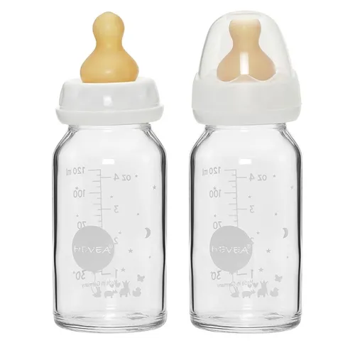 Hevea Glas-Babyflasche 120 ml weiß - 2er Set - Fläschchen aus hochwertigem Borosilikatglas mit Naturkautschuksauger. Ideal für Babys 0-3 Monate, BPA-frei und hygienisch, perfekt als Geschenk zur Geburt.