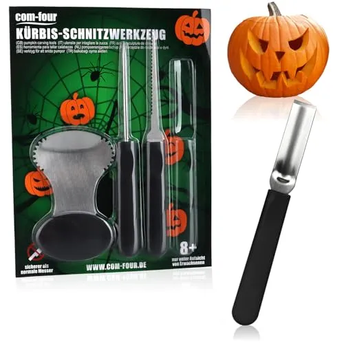 com-four® 4-teiliges Kürbis-Schnitz-Set für Halloween - Schneide-Werkzeuge zum Aushöhlen von Kürbissen - Schnitzwerkzeug aus Edelstahl - Löffel, Stecher, Säge, Schaber (4-teilig - schwarz)
