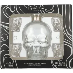 Crystal Head Vodka 40% Vol. 0,7l Geschenkbox mit 4 Shotgläsern - Exklusiver Wodka in ikonischer Totenkopf-Flasche, vierfach destilliert und mit Herkimer-Diamanten gefiltert für außergewöhnliche Reinheit. Ideal für stilvollen Genuss oder als besonderes Geschenk.