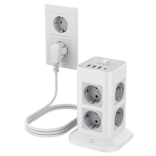 TESSAN 8 Fach Mehrfachsteckdose mit USB C und 3 USB A, Verteilersteckdose Verlängerungskabel 3M, Steckdosenleiste Überspannungsschutz, Mehrfachstecker mit Schalter für Zuhause, Steckdosenturm 3600W