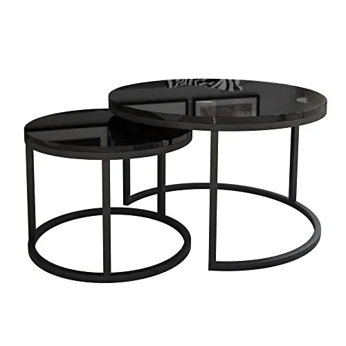 lukmebel Couchtisch rund - CIRI 2in1 - Beistelltisch rund - Kaffetisch - Industrial Deko - Deko Wohnzimmer - Kleiner Beistelltisch - Sofatisch - Kleiner Tisch - Schwarz, Schwarz Hochglanz