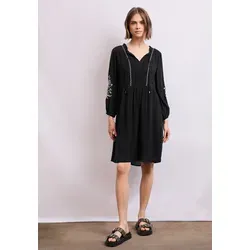 Street One Studio Damen F144514 Tunika-Kleid mit Stickerei, Schwarz, 44 - Kleider für Damen, knielang mit geschlitzt Ausschnitt und Bändern, ideal für lässige Anlässe, aus weichem Viskose-Modalmix für maximalen Tragekomfort.