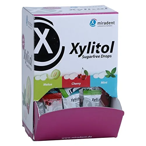 miradent Xylitol Drops Schüttbox 100 St. | 3 Geschmacksrichtungen | vegane Xylit Zahnpflege Lutschbonbons für Kinder & Erwachsene | zuckerfrei