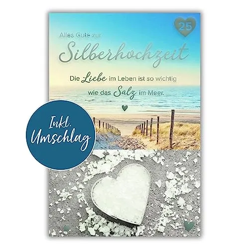Silberhochzeit Glückwunschkarte mit Herz und Strandmotiv - Karten & Einladungen, perfekte Karte zum 25. Hochzeitstag mit liebevollem Design und passendem Briefumschlag.