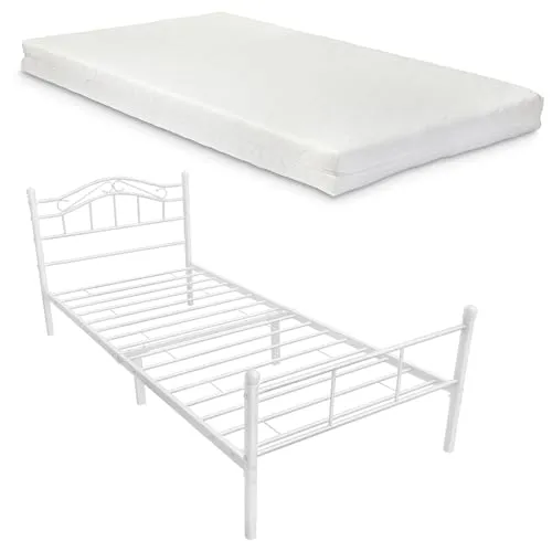 [en.casa]® Metallbett 120x200 mit Matratze - Weißes Jugendbett - Stabiles Metallbett mit kratzfestem Stahlrahmen und allergikergeeigneter Kaltschaummatratze für optimalen Schlafkomfort. Ideal für Jugendzimmer!