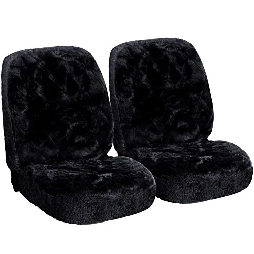 WOLTU Lammfellbezug Auto Sitzbezug Echtlammfell Vollbezug Vordersitzbezug universal Größe, Feste Wolle, 2er Set, ca. 1.8 cm Dicke, Schwarz