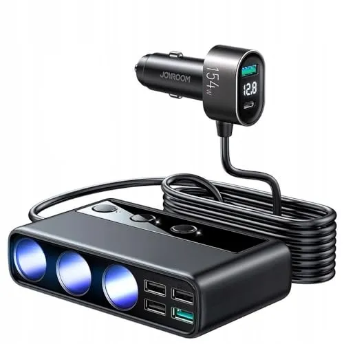 Joyroom Car Ladegerät mit Plug Leichtersplitter 154W Schwarz - PlayStation 5 Konsolen, leistungsstarkes Ladegerät mit 3 x 12 V und 4 x USB-Anschlüssen, ideal für Gaming unterwegs und schnelle Aufladung.
