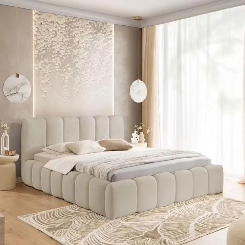 Home Collective Polsterbett Doppelbett Bett mit Stauraum viele Größen | Bettgestell mit Lattenrost weicher Bouclé Bezug mit Steppung niedriges Kopfteil | Schlafzimmer Möbel | Beige 160x200 cm