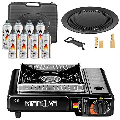 Mianova Campingkocher Outdoor Gaskocher Shisha BBQ Anzünder Grill Notfallkocher Gaskartuschen Gas Kocher Herd Set Grillplatte 8 Gasflaschen