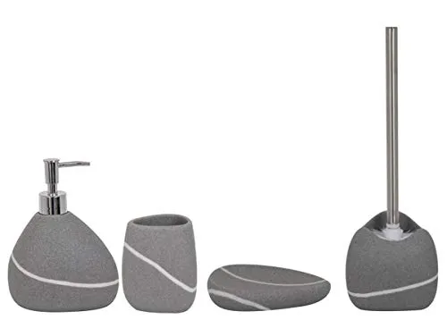 MSV Badezimmer Set, 4-teiliges Badzubehör in Beige/Sand - Hochwertiges Badzubehör aus feuchtigkeitsbeständigem Polyresin. Inklusive nachfüllbarem Seifenspender, WC-Garnitur und Seifenschale – ideal für ein stilvolles Badezimmer.