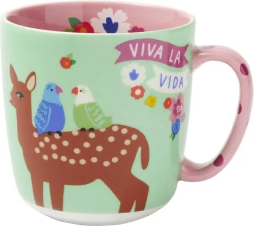 Fiesta del Sol Kaffeebecher Viva la Vida, 350 ml: Kaffeetasse, Teetasse aus hochwertigem Porzellan inspiriert von Frida Kahlo | Tiere, Reh, Papagei | Geschenk