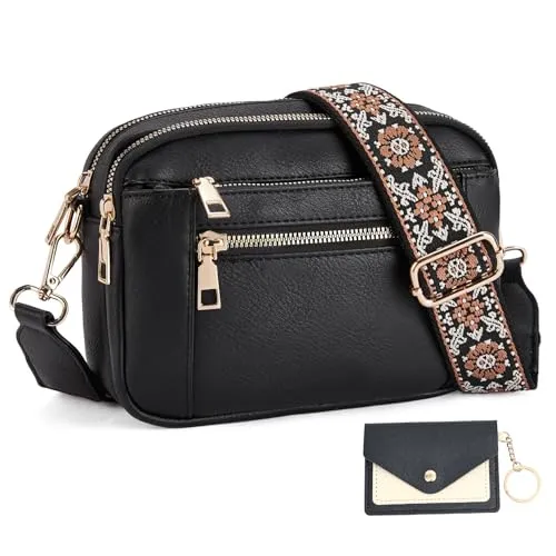 JinDouer Kleine Umhängetasche Damen Vegan Leder, Crossbody Bag vintage mit Vleien Fächer, Handtasche mit Abnehmbarem Modern Breitem Schultergurt, Münzbörsen für Damen Senden (Schwarz)