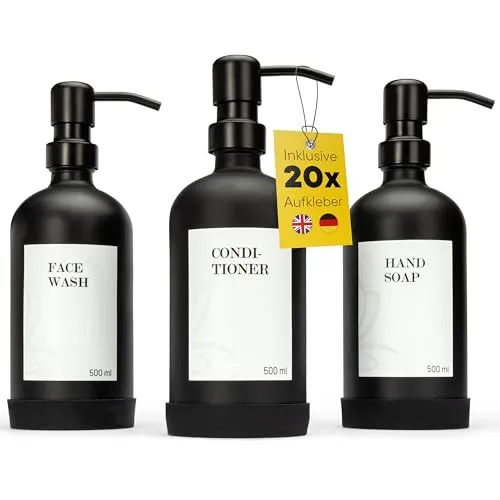 DELUXXOO® Hochwertiges 3-teiliges Pumpflaschenspender Set schwarz matt aus Glas als Organizer 500 ml I Seifenspender I Duschgelspender I Shampoospender I Spülmittelspender I Lotionspender