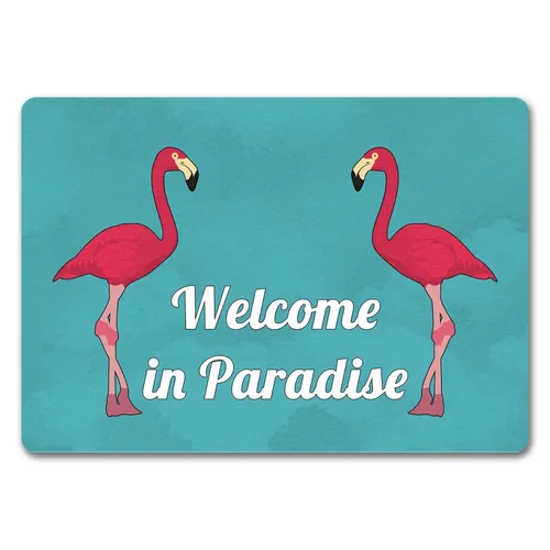Fußmatte mit Flamingomotiv: Welcome in Paradise in türkis von speecheese