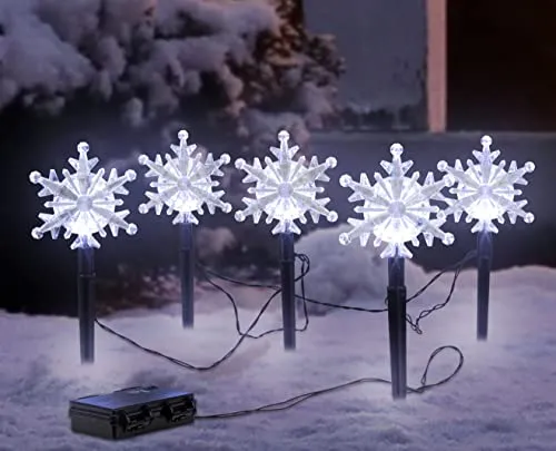 Spetebo LED Gartenstecker 5er Set Schneeflocken mit Timer - je 21 cm H - Garten Deko Beleuchtung kalt weiß - Weihnachten Advent Winter Schnee Stern Leuchtstäbe für Außen Batterie betrieben
