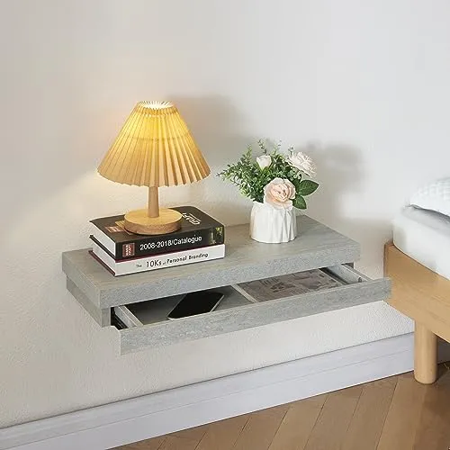 [en.casa] Wandregal Karkkila mit Schublade – Betonoptik 60 x 23,5 x 8 cm - Schweberegale: Platzsparendes Wandregal mit Schublade, ideal für mehr Stauraum und modernes Design – einfach zu montieren und bis 5 kg belastbar.