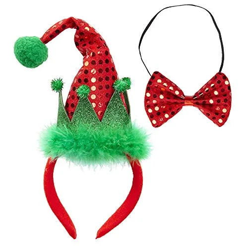 W WIDMANN MILANO Party Fashion 04162 - Haarreif mit Mini-Elfenhut und Fliege mit Pailletten, Weihnachten, Karneval, Mottoparty