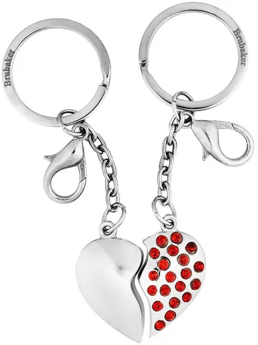 BRUBAKER Schlüsselanhänger Set Geteiltes Herz - Anhänger für Paare - Partner Schlüsselanhänger (Set, 2-tlg., Geschenk für Zwei zum Valentinstag oder Jahrestag), 2er Set Herzanhänger aus Metall mit Strass - Silber, Rot