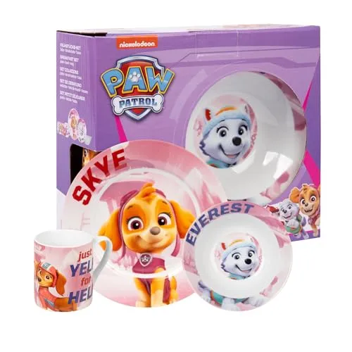 United Labels® Frühstücks-Geschirrset Paw Patrol - Skye, Everest, Liberty, 3-tlg - 3-teiliges Frühstücks-Geschirrset aus hochwertigem Porzellan mit Paw Patrol-Motiv, ideal für kleine Fans und den perfekten Start in den Tag.
